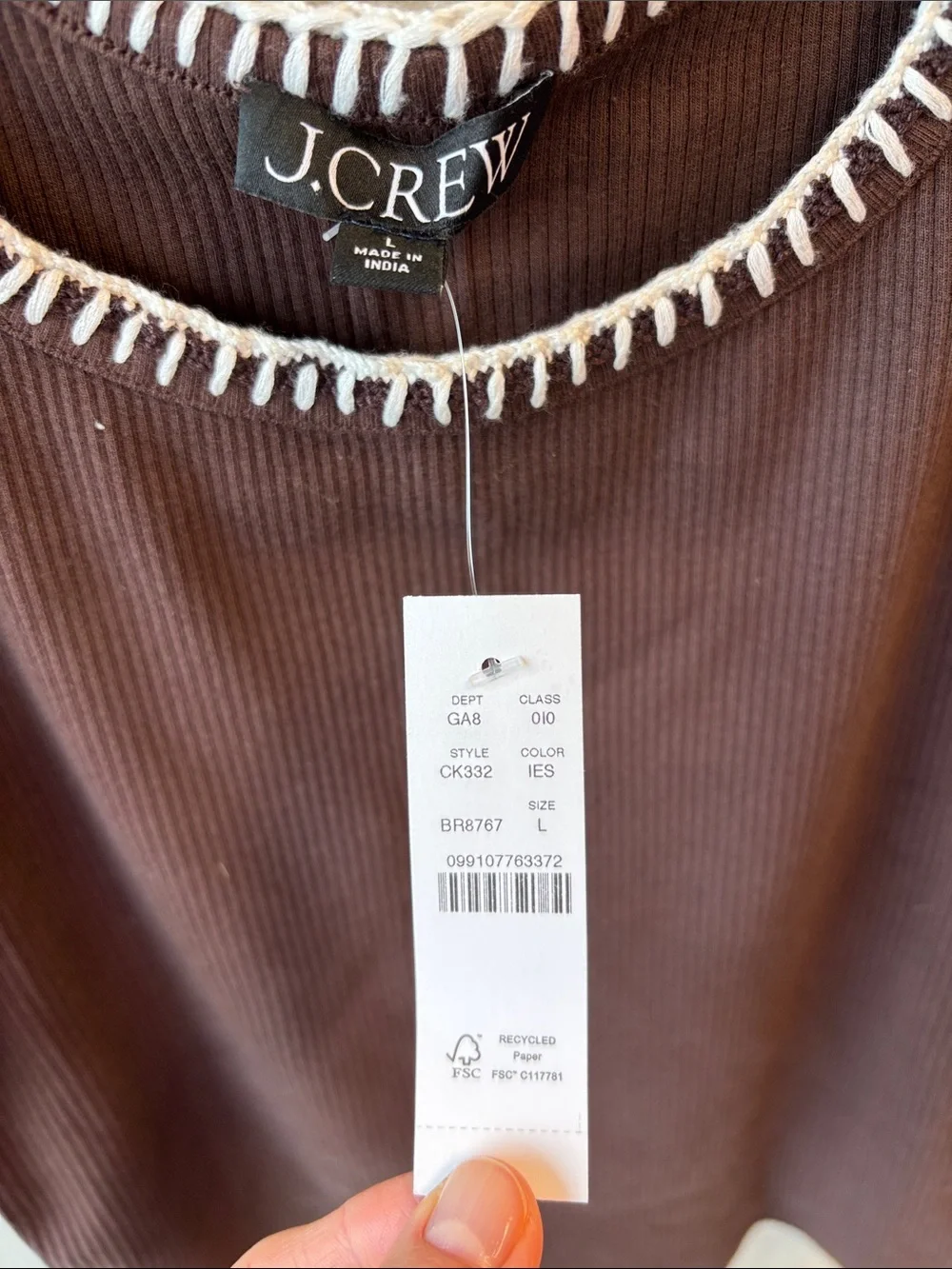 J. Crew Brown Ribbed Tank with White Whipstitch Trim